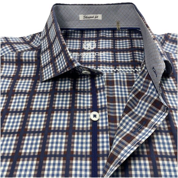 Bugatchi Mens Windowpane Plaid Long Sleeve Button Up Blue Brown- M - Picture 10 of 15